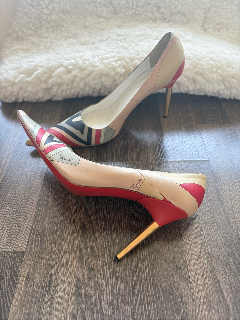 Emilio Pucci Red, Beige & Navy Striped Pointed-Toe Stiletto